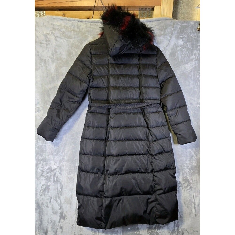 Hanyiyuan Long Puffer Coat Womens L Black Faux Fur Trim Hood Full Zip Belt Waist - Picture 4 of 9